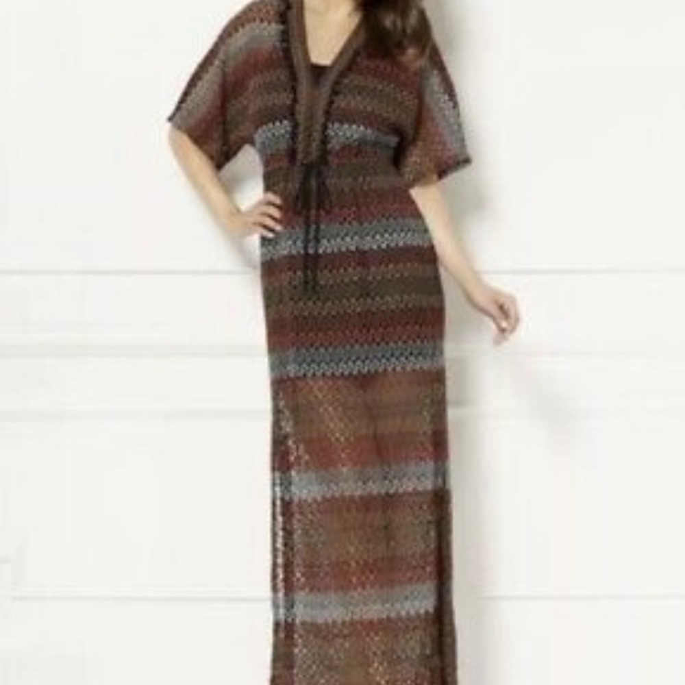 Women’s Brown Stripe Crochet Swim Cover-Up Maxi